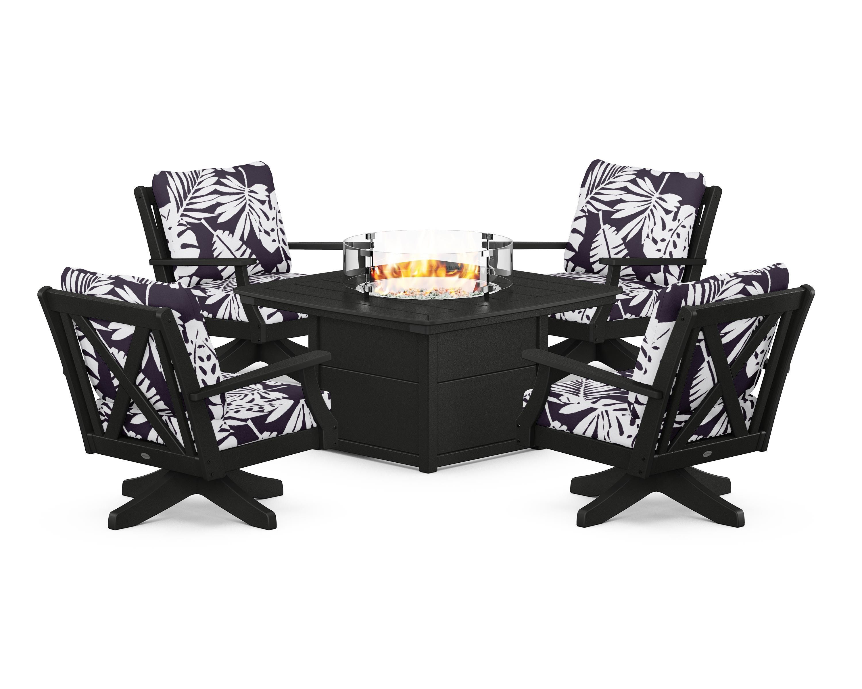 POLYWOOD® Braxton 5-Piece Deep Seating Swivel Conversation Set with Fire Pit Table in Black / Leaf Navy