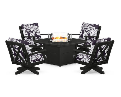 POLYWOOD® Braxton 5-Piece Deep Seating Swivel Conversation Set with Fire Pit Table in Black / Leaf Navy