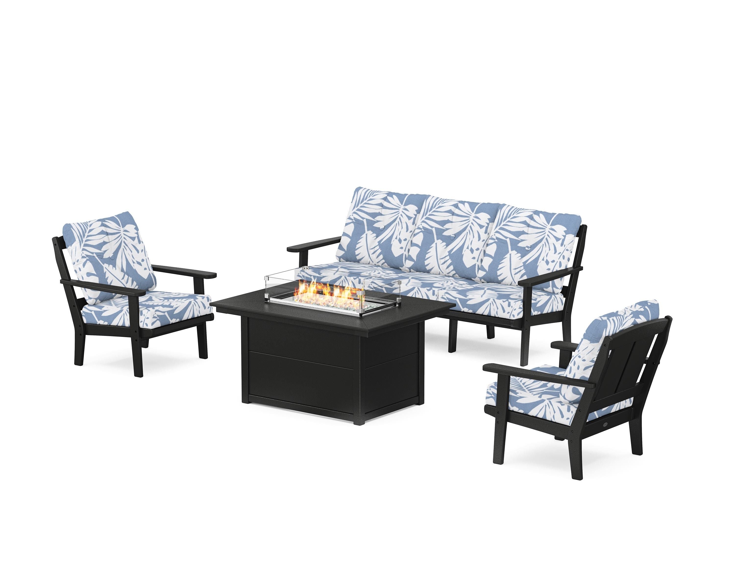 POLYWOOD® Mission Deep Seating Fire Pit Table Set in Black / Leaf Sky Blue