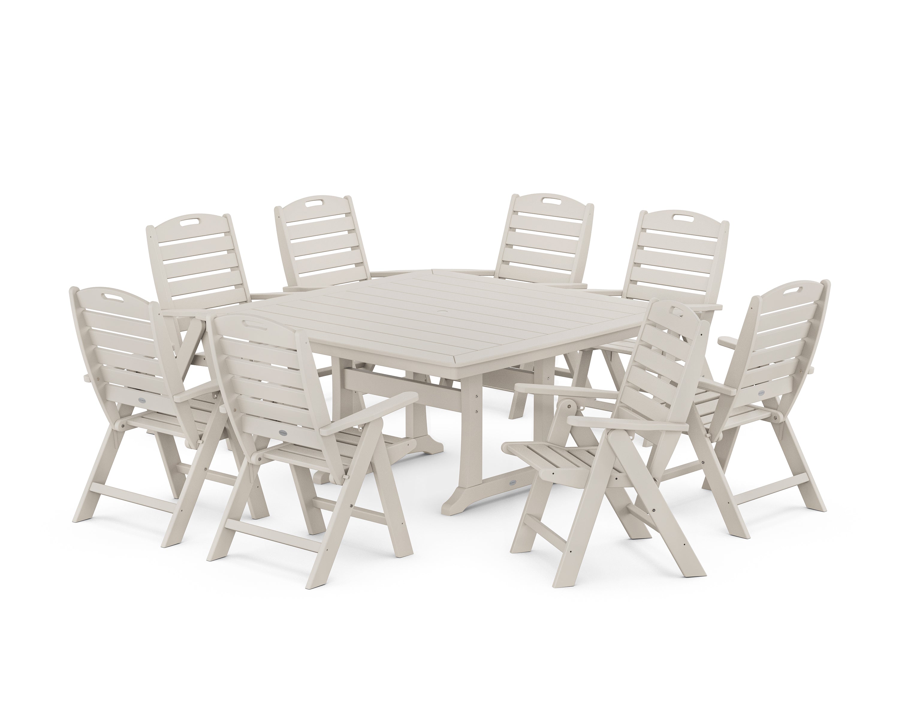 POLYWOOD® Nautical Highback 9-Piece Square Dining Set with Trestle Legs in Sand