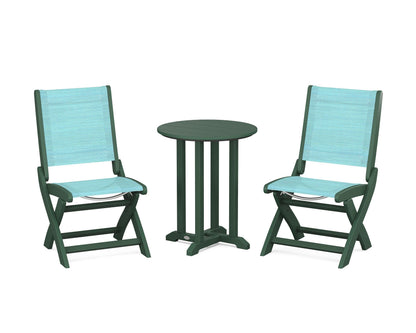POLYWOOD® Coastal Folding Side Chair 3-Piece Round Bistro Dining Set in Green / Dupioni Aquamarine Sling