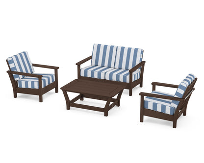 POLYWOOD® Harbour 4-Piece Deep Seating Set in Mahogany / Cabana Stripe Sky Blue