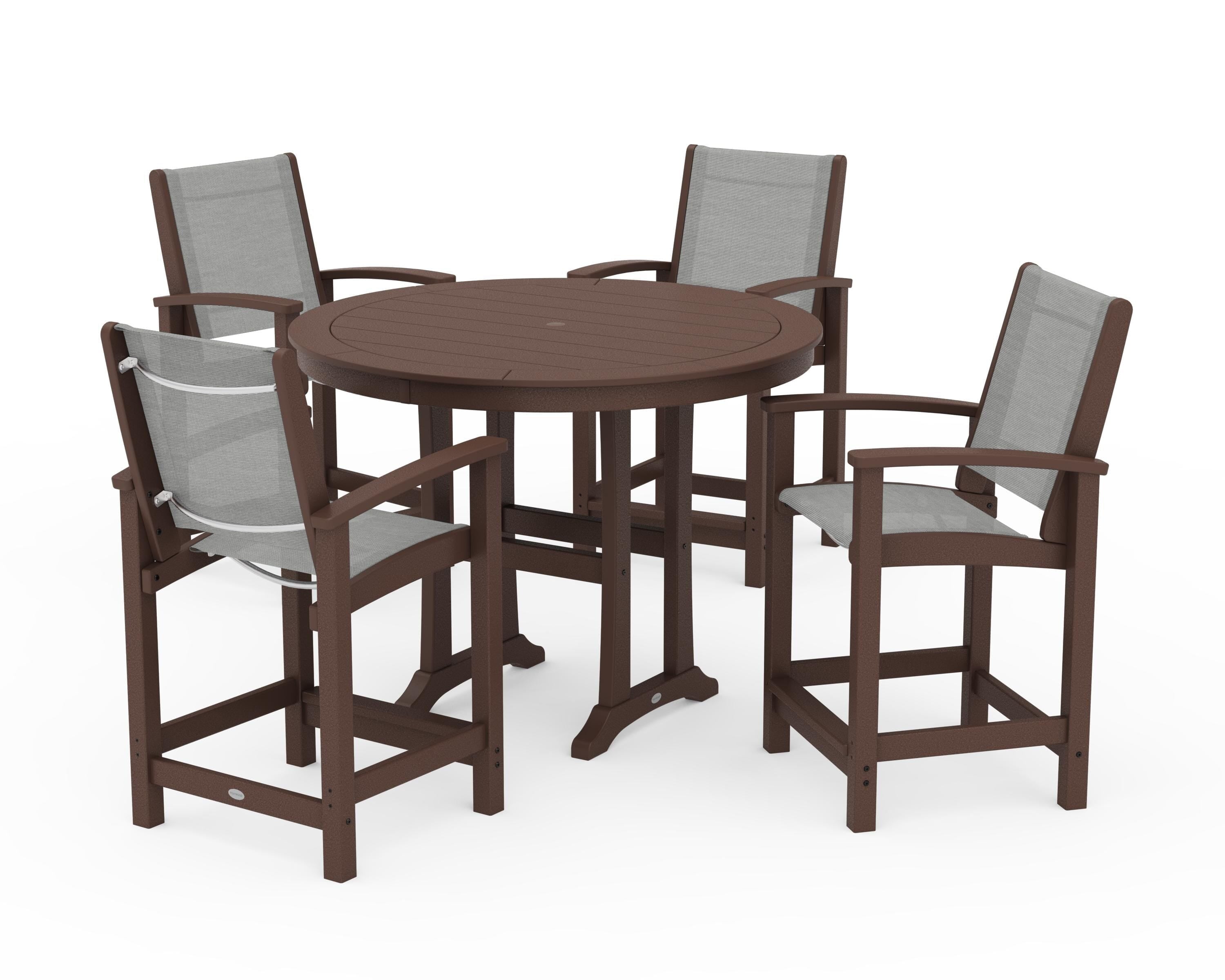 POLYWOOD® Coastal 5-Piece Counter Set in Mahogany / Metallic Sling