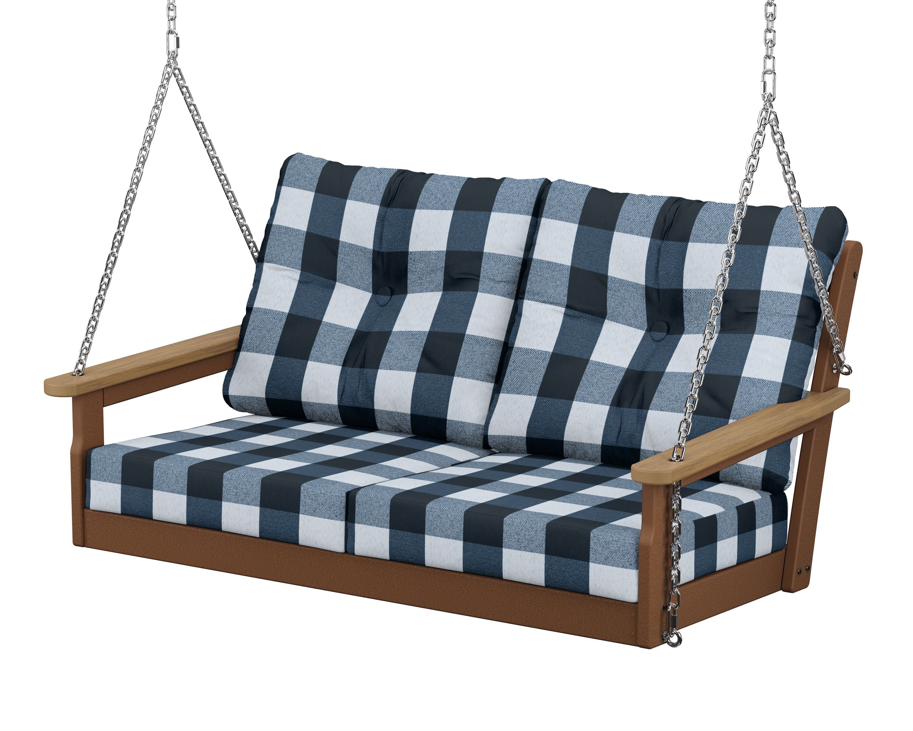 POLYWOOD® Vineyard Deep Seating Swing in Teak / Natural / Buffalo Plaid Marine Indigo