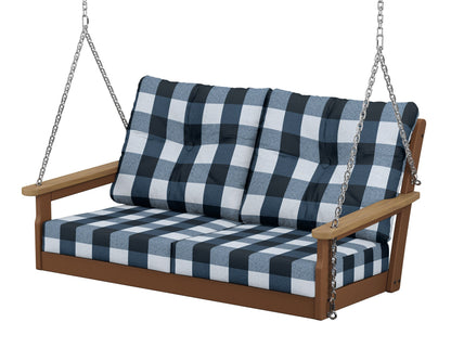 POLYWOOD® Vineyard Deep Seating Swing in Teak / Natural / Buffalo Plaid Marine Indigo