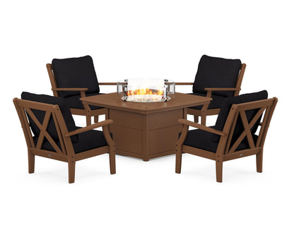 POLYWOOD® Braxton 5-Piece Deep Seating Conversation Set with Fire Pit Table in Teak / Midnight Linen