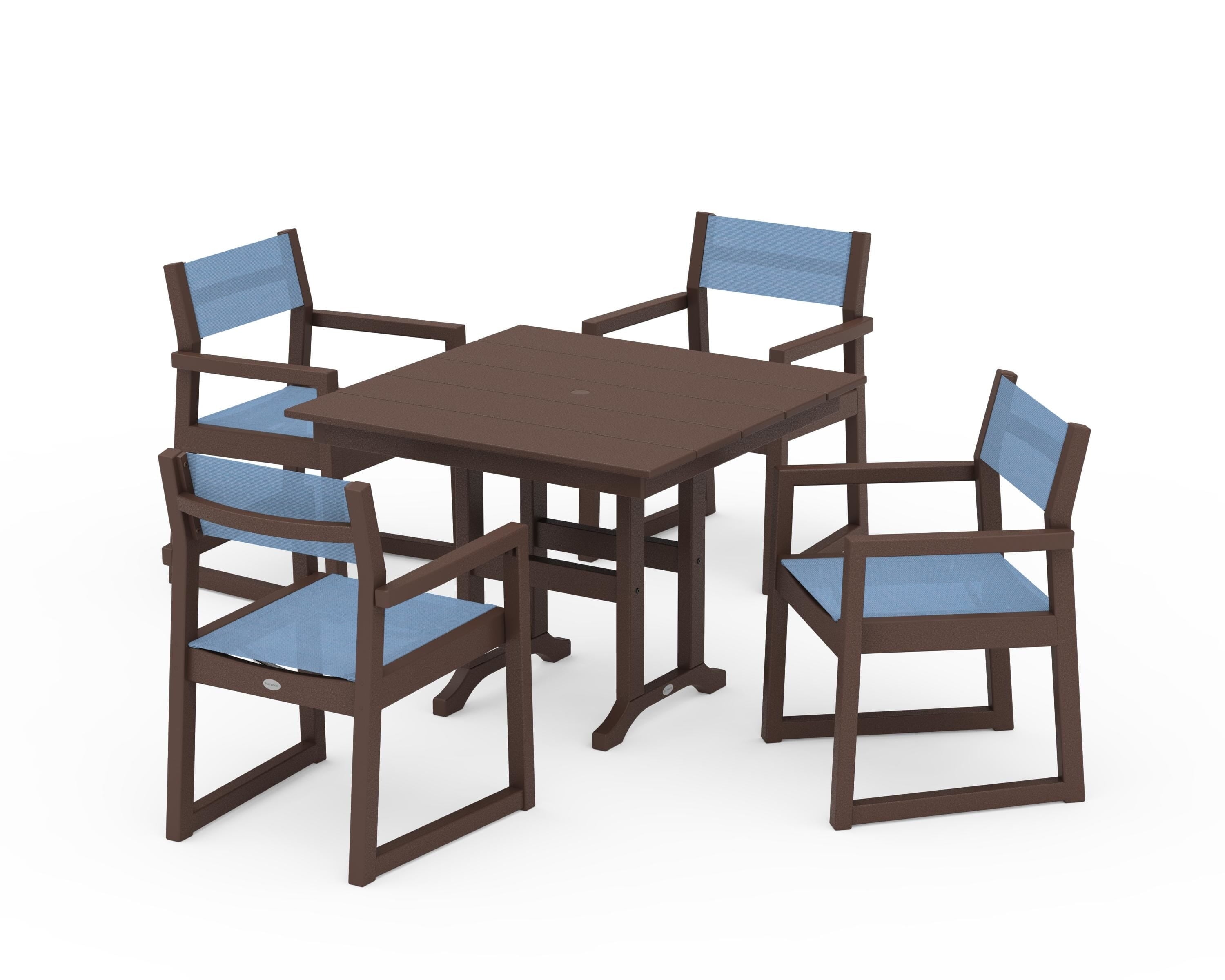 POLYWOOD® EDGE Sling Arm Chair 5-Piece Farmhouse Dining Set in Mahogany / Poolside Sling