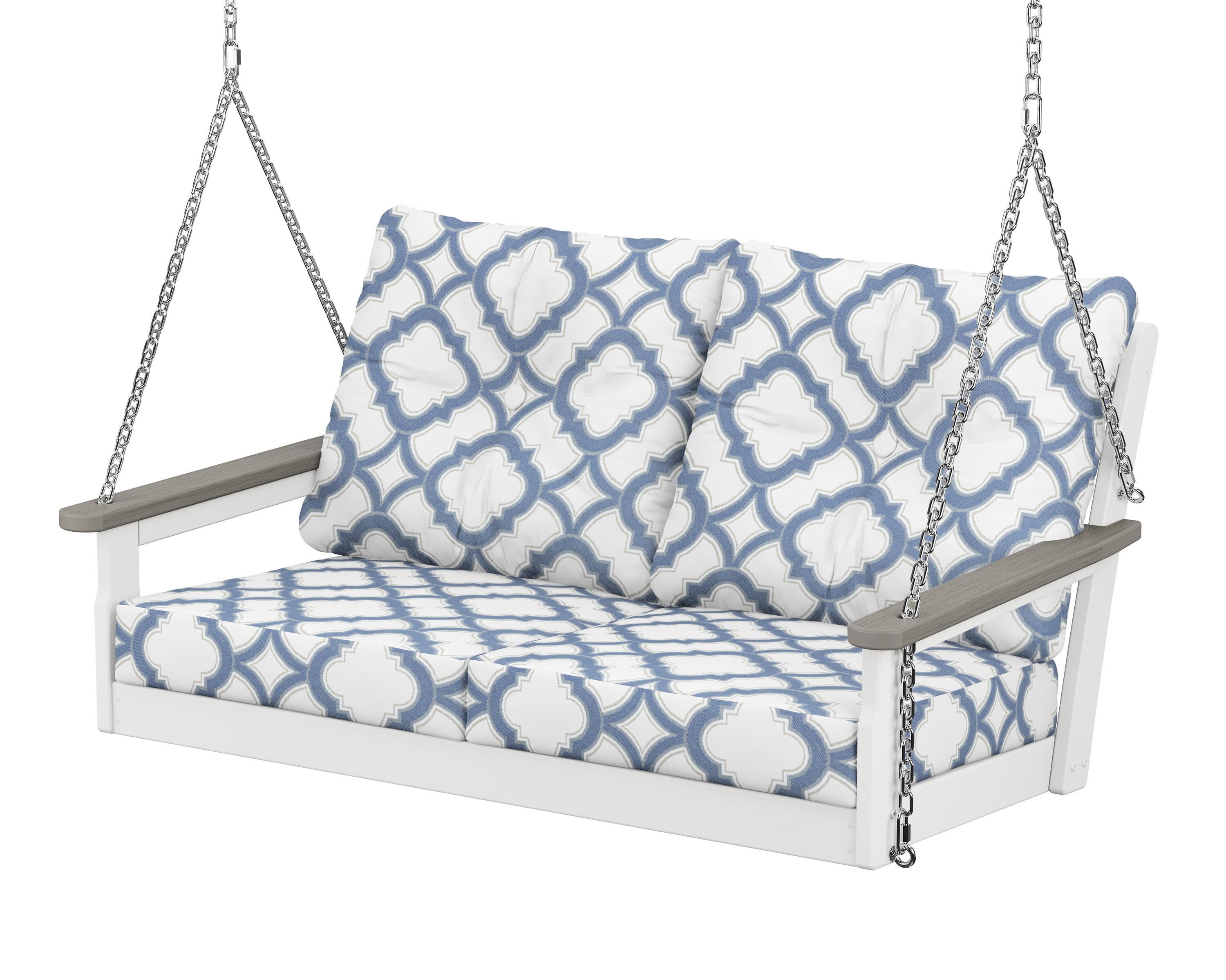 POLYWOOD® Vineyard Deep Seating Swing in White / Driftwood / Trellis Sky Blue