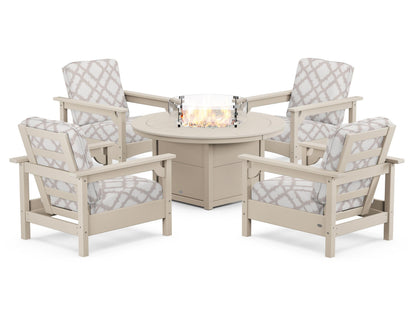 POLYWOOD® Club 5-Piece Conversation Set with Fire Pit Table in Sand / Trellis Dune Burlap
