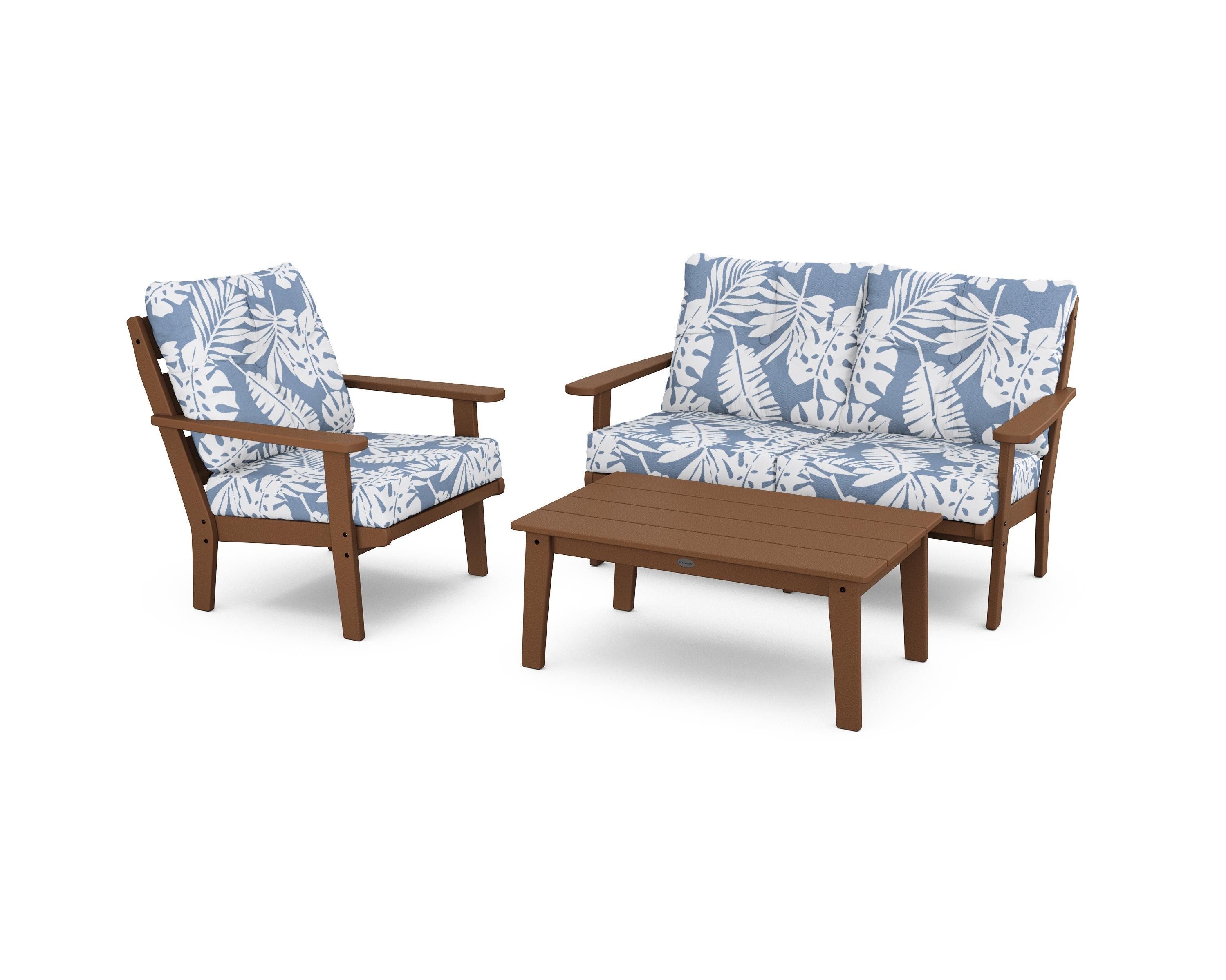 POLYWOOD® Lakeside 3-Piece Deep Seating Set in Teak / Leaf Sky Blue