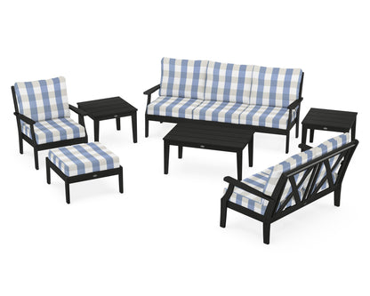 POLYWOOD® Braxton 7-Piece Deep Seating Set in Black / Buffalo Plaid Sky Blue