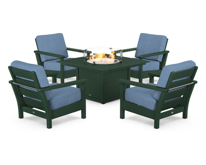 POLYWOOD® Harbour 5-Piece Conversation Set with Fire Pit Table in Green / Sky Blue
