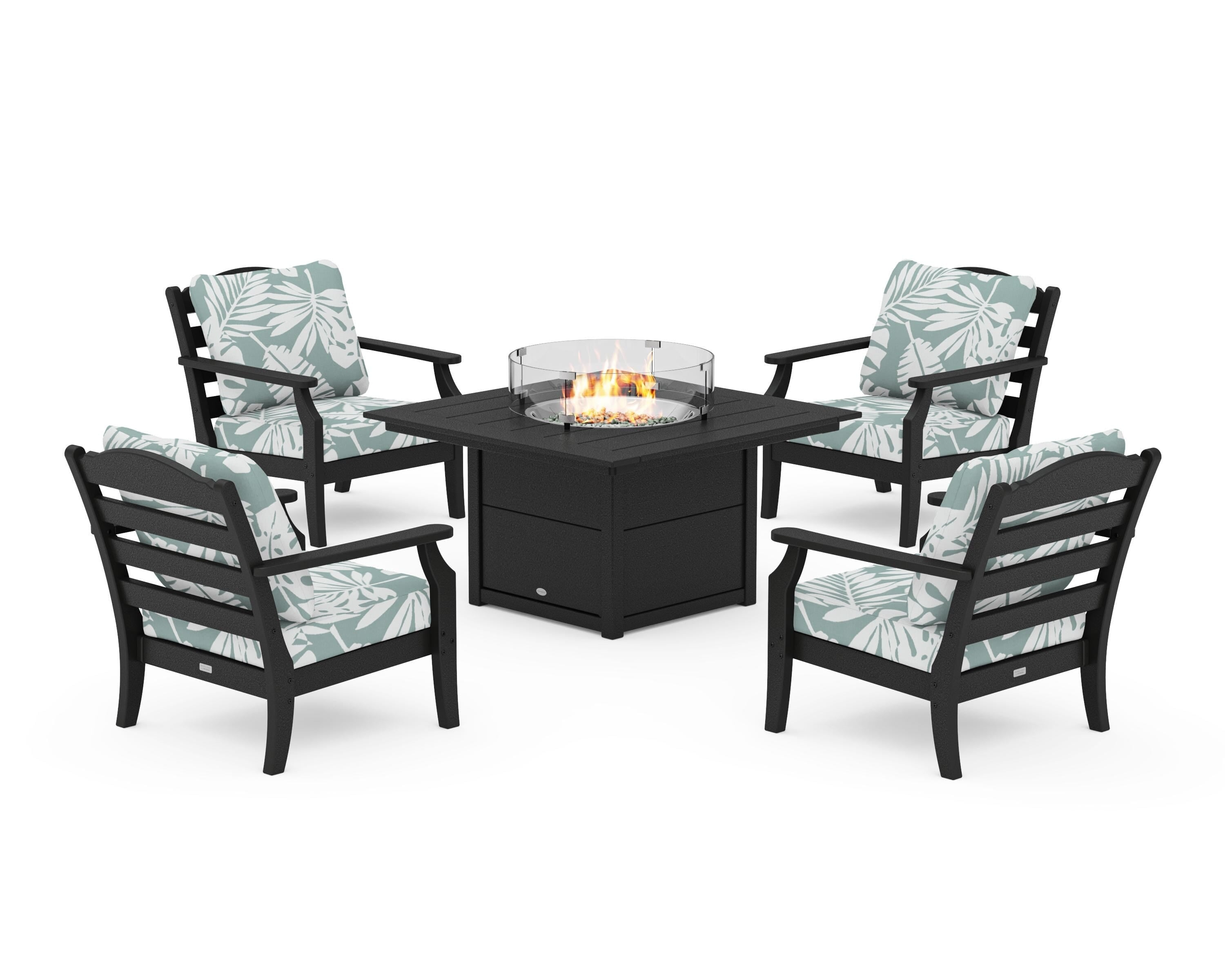 Draper James™ by  POLYWOOD® Savannah 5-Piece Deep Seating Set with Fire Pit Table in Black / Leaf Glacier Spa