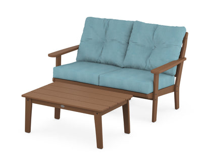 POLYWOOD® Lakeside 2-Piece Lounge Loveseat Set in Teak / Lattice Sky Blue