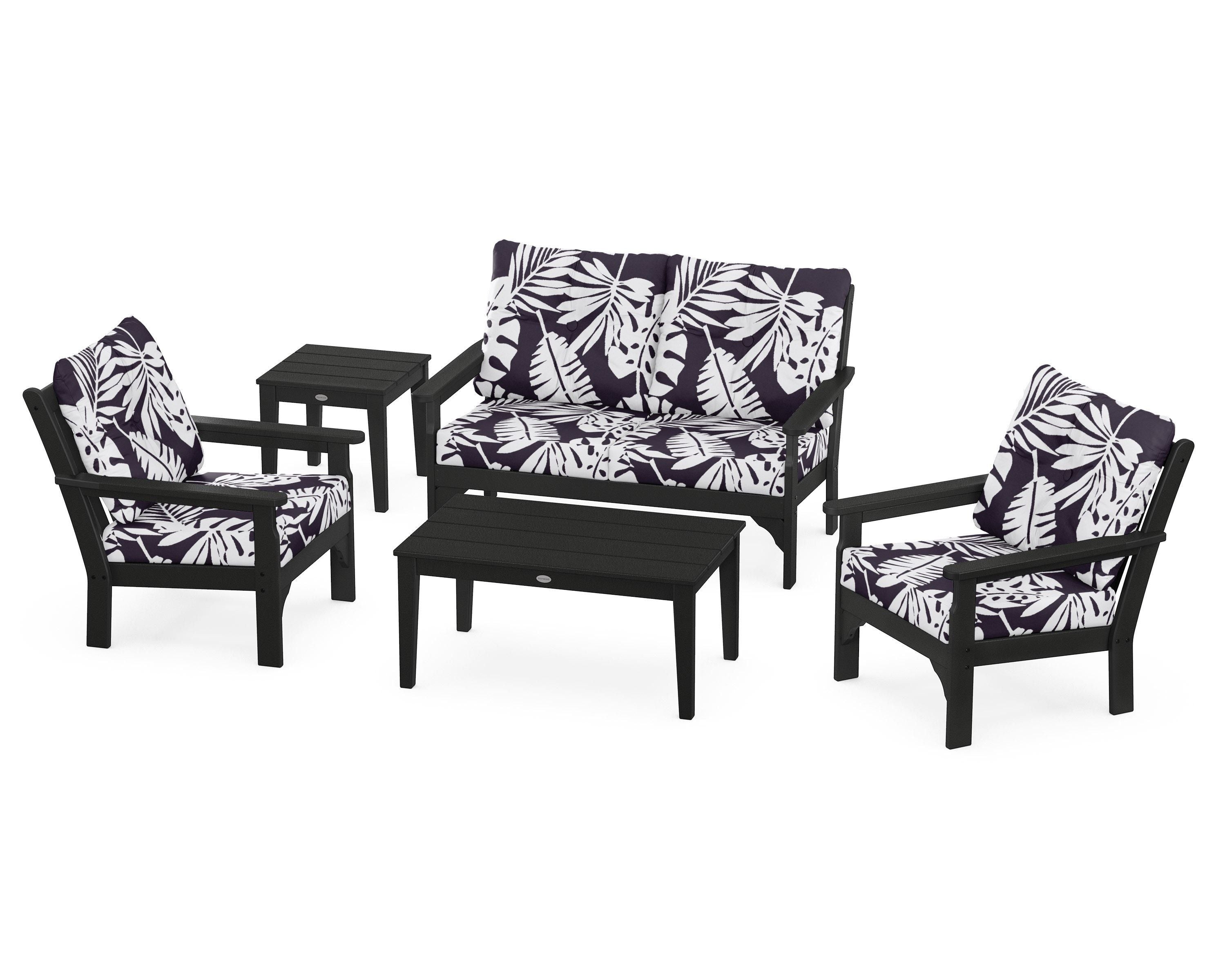 POLYWOOD® Vineyard 5-Piece Deep Seating Set in Black / Leaf Navy