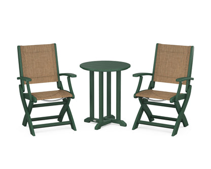 POLYWOOD® Coastal Folding 3-Piece Round Bistro Dining Set in Green / Burlap Sling
