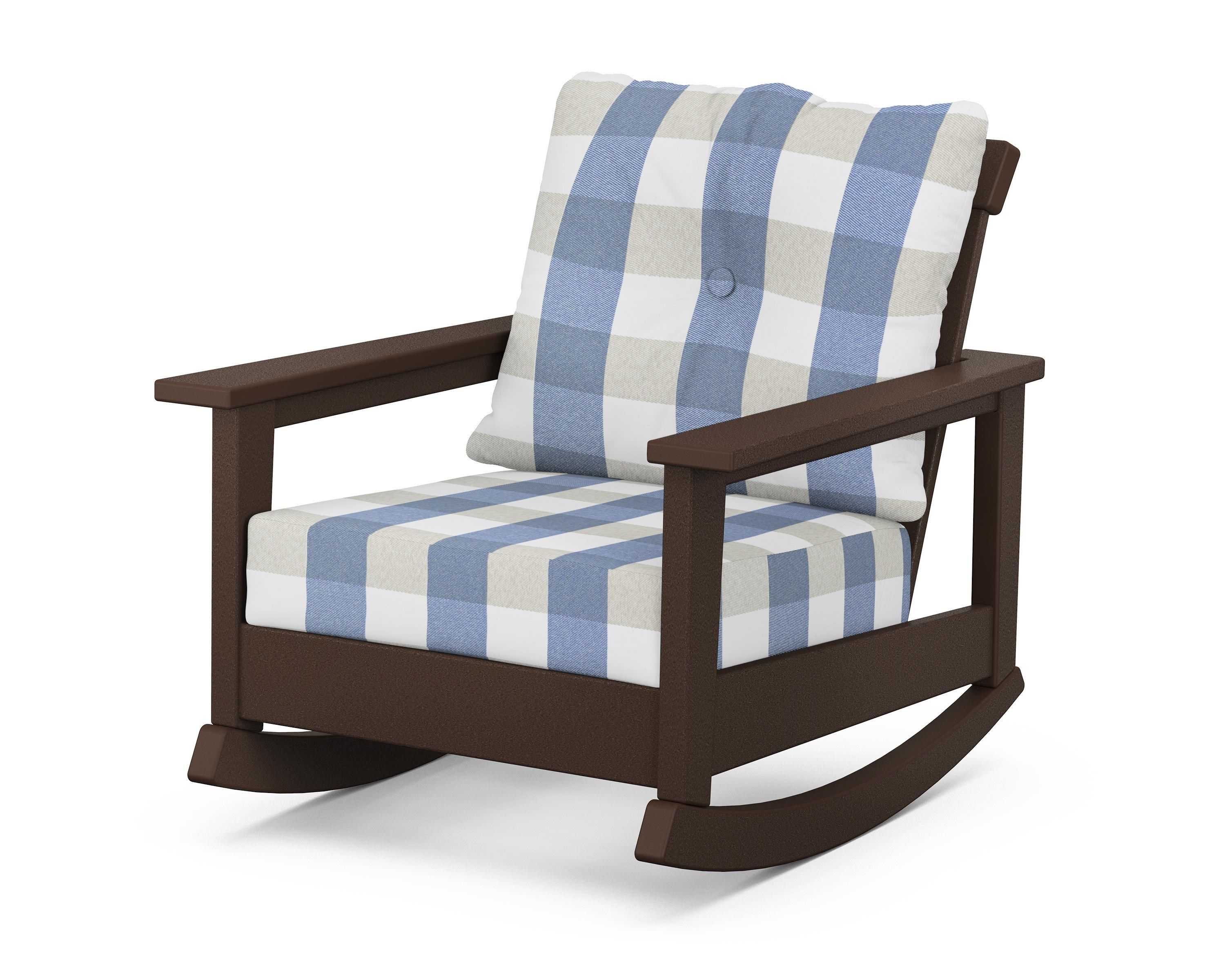 POLYWOOD® Prescott Deep Seating Rocking Chair in Mahogany / Buffalo Plaid Sky Blue