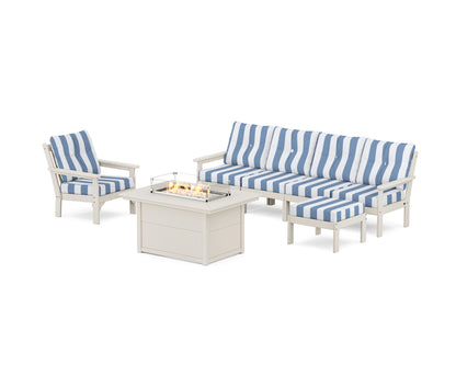 POLYWOOD® Vineyard Sectional Lounge and Fire Pit Set in Sand / Cabana Stripe Sky Blue