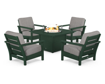 POLYWOOD® Harbour 5-Piece Conversation Set with Fire Pit Table in Green / Grey Mist