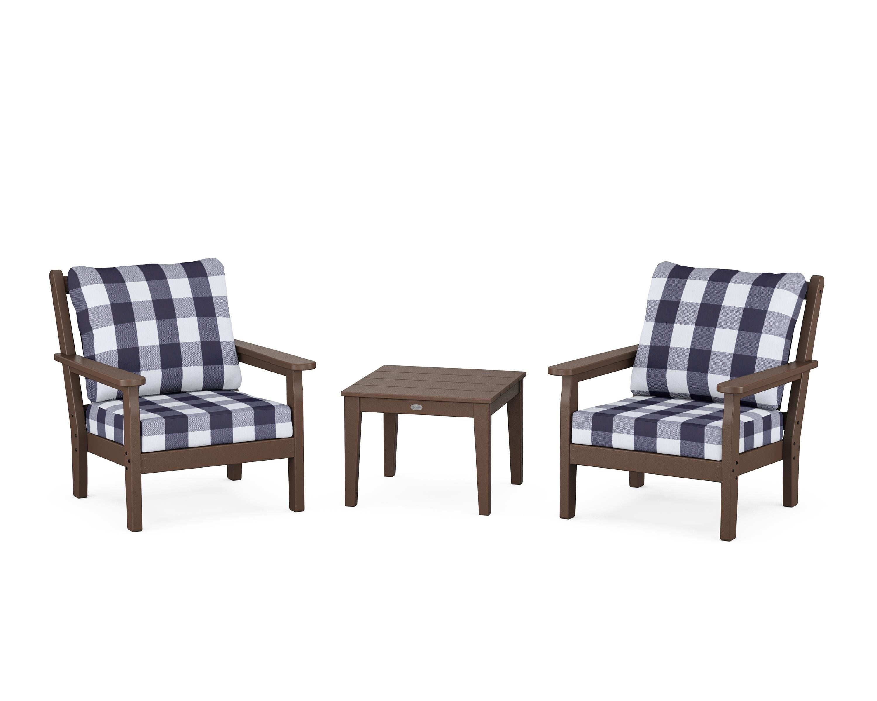 POLYWOOD® Chippendale 3-Piece Deep Seating Set in Mahogany / Buffalo Plaid Navy