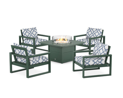 POLYWOOD® EDGE Sectional 5-Piece Deep Seating Set with Fire Pit Table in Green / Trellis Sky Blue