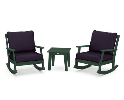 POLYWOOD® Braxton 3-Piece Deep Seating Rocker Set in Green / Navy Linen