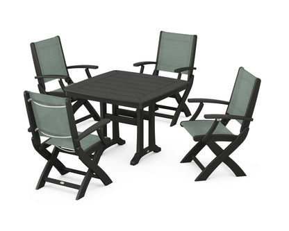 POLYWOOD® Coastal Folding Chair 5-Piece Dining Set with Trestle Legs in Black / Dupioni Sea Mist Sling