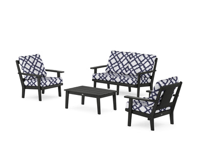 POLYWOOD® Prairie 4-Piece Deep Seating Set with Loveseat in Black / Trellis Navy