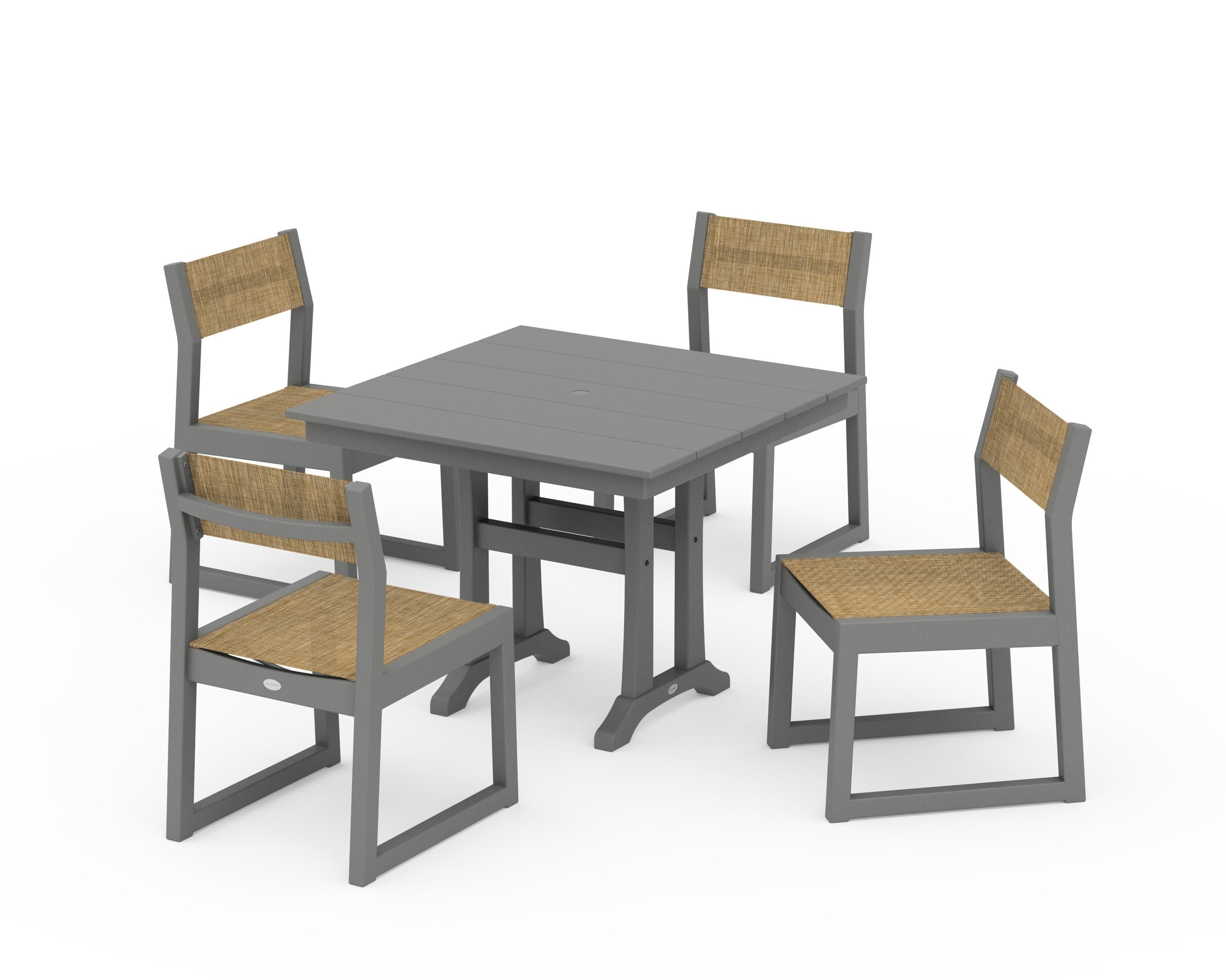 POLYWOOD® EDGE Sling 5-Piece Farmhouse Trestle Side Chair Dining Set in Slate Grey / Burlap Sling