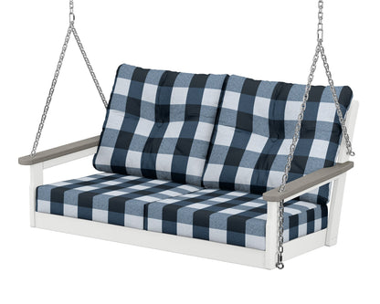 POLYWOOD® Vineyard Deep Seating Swing in White / Driftwood / Buffalo Plaid Marine Indigo