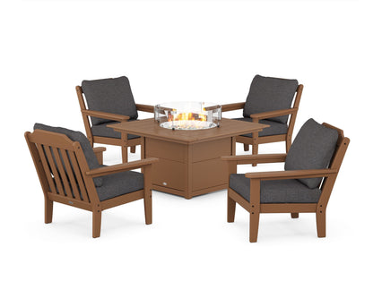 Country Living Cottage 5-Piece Deep Seating Set with Fire Pit Table in Teak / Ash Charcoal