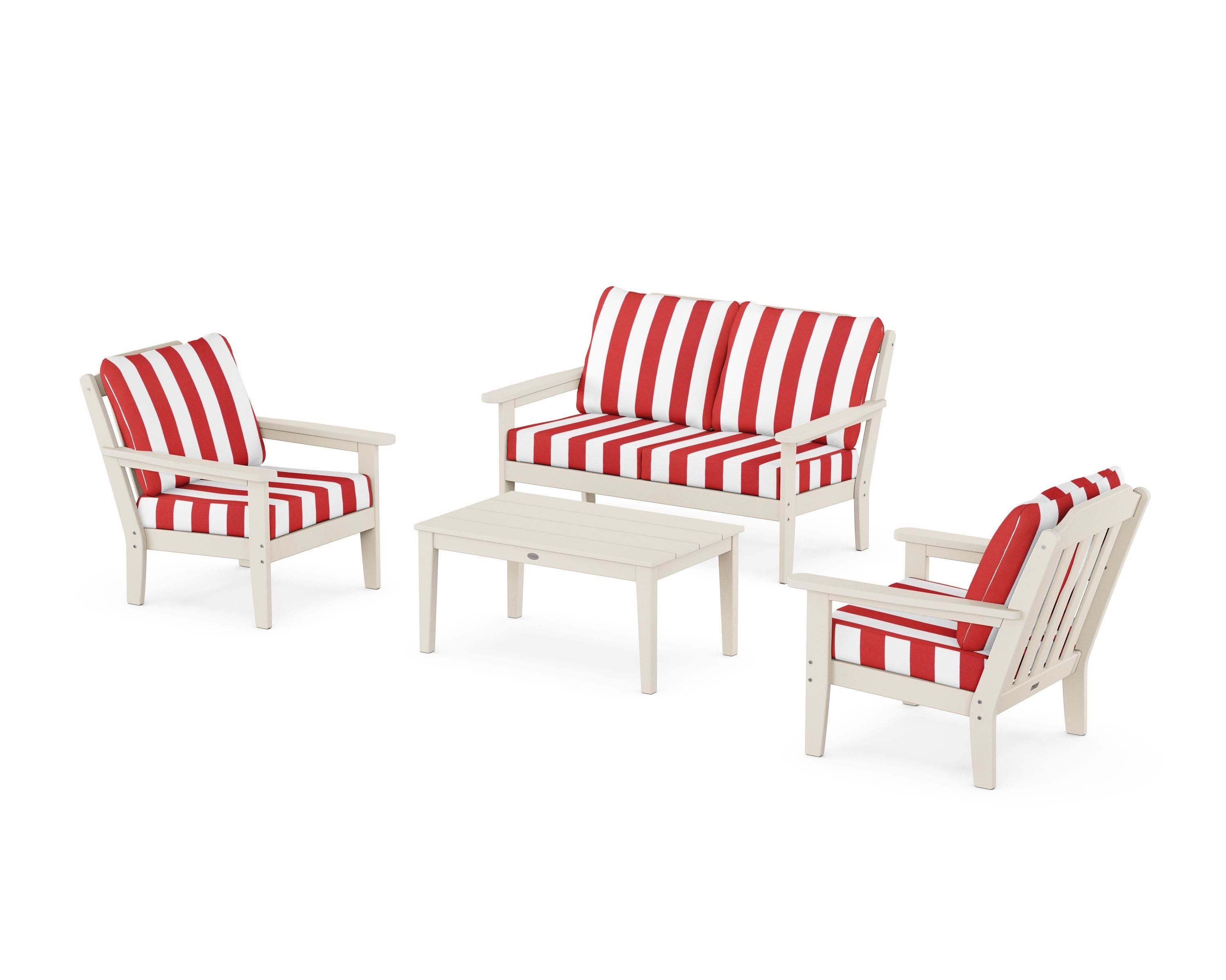 Country Living Cottage 4-Piece Deep Seating Set with Loveseat in Sand / Cabana Stripe Crimson