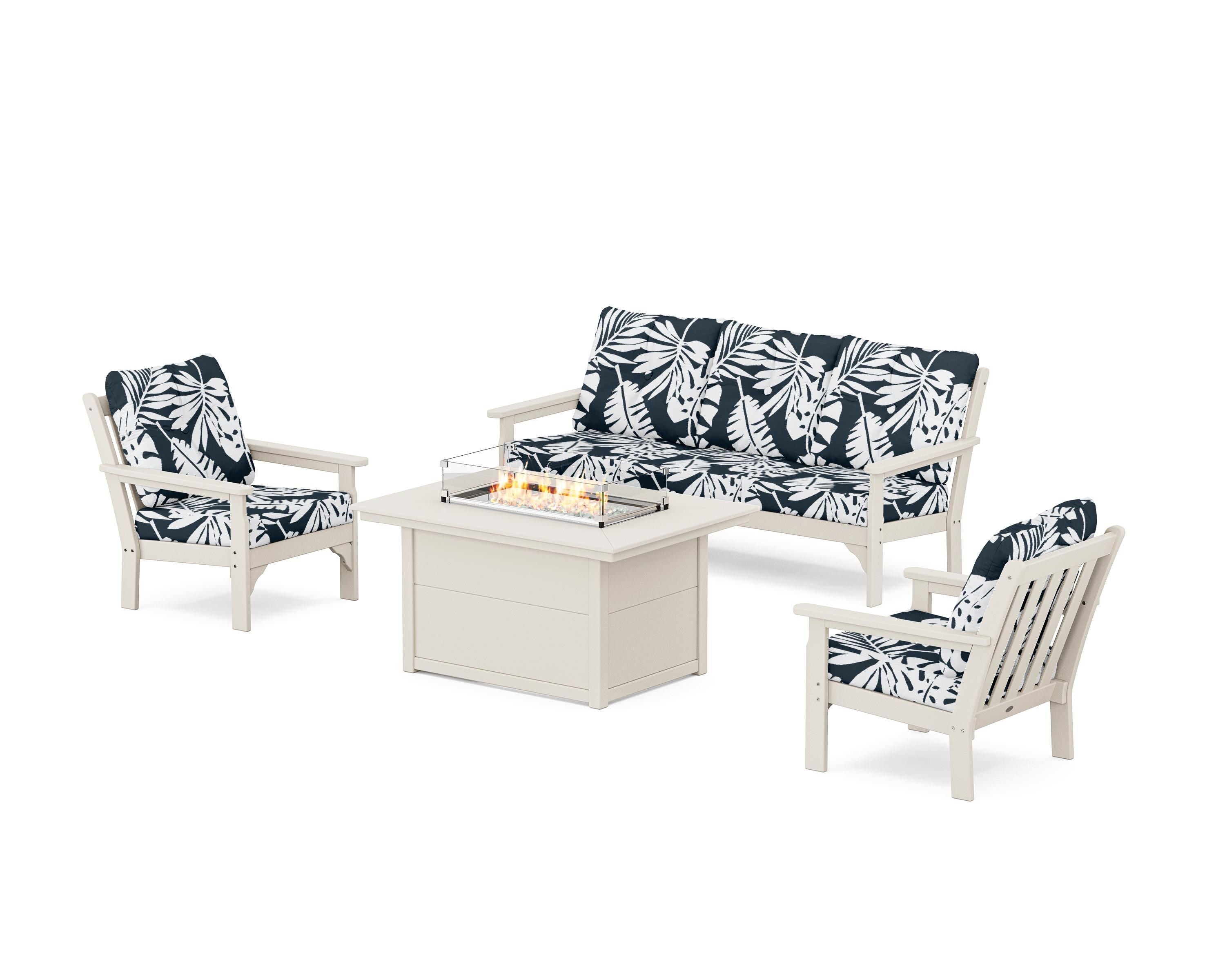 POLYWOOD® Vineyard Deep Seating Fire Pit Table Set in Sand / Leaf Marine Indigo
