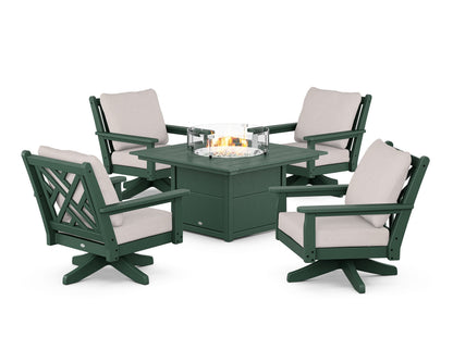 POLYWOOD® Chippendale 5-Piece Deep Seating Swivel Conversation Set with Fire Pit Table in Green / Dune Burlap