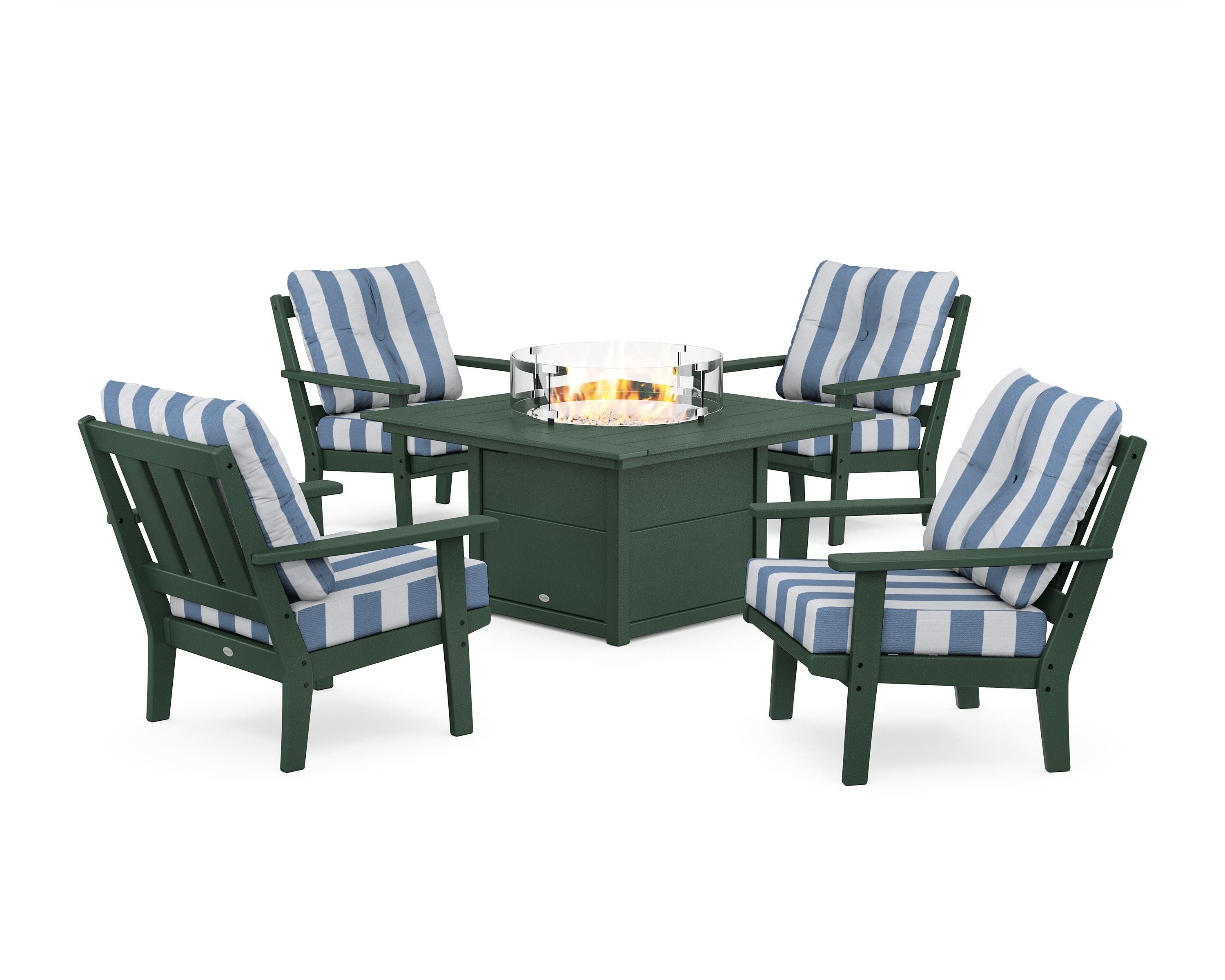 POLYWOOD® Oxford 5-Piece Deep Seating Set with Fire Pit Table in Green / Cabana Stripe Sky Blue