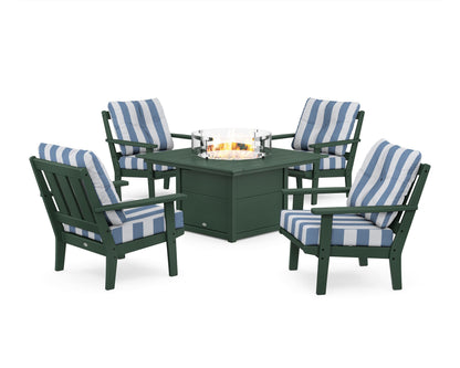 POLYWOOD® Oxford 5-Piece Deep Seating Set with Fire Pit Table in Green / Cabana Stripe Sky Blue