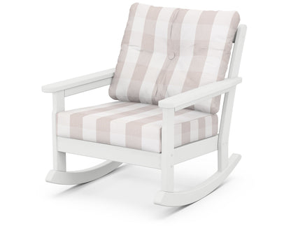 POLYWOOD® Vineyard Deep Seating Rocking Chair in White / Buffalo Plaid Dune Burlap
