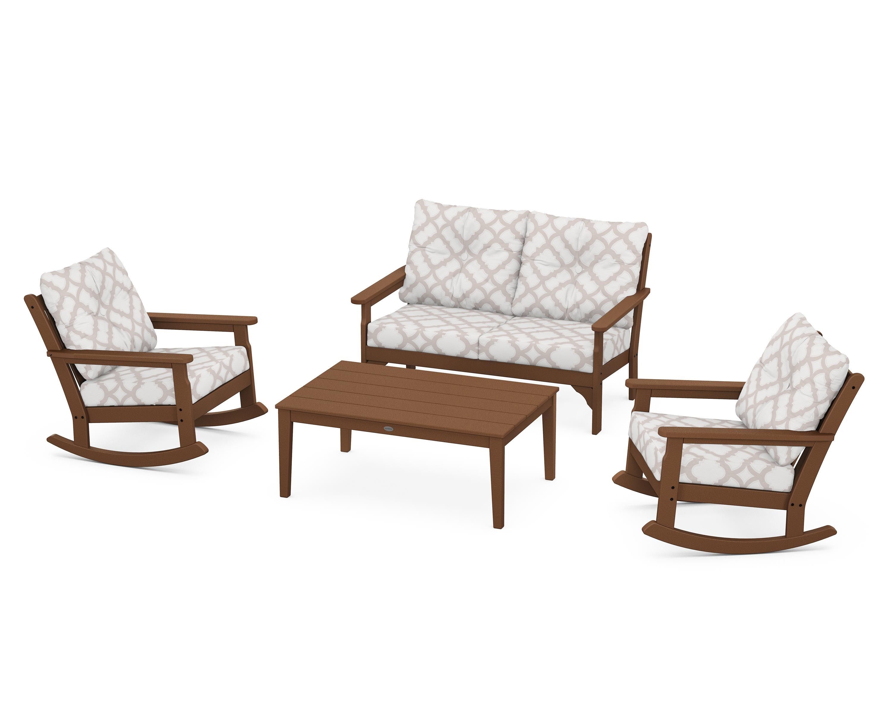 POLYWOOD® Vineyard 4-Piece Deep Seating Rocking Chair Set in Teak / Trellis Dune Burlap