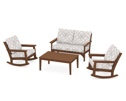 POLYWOOD® Vineyard 4-Piece Deep Seating Rocking Chair Set in Teak / Trellis Dune Burlap