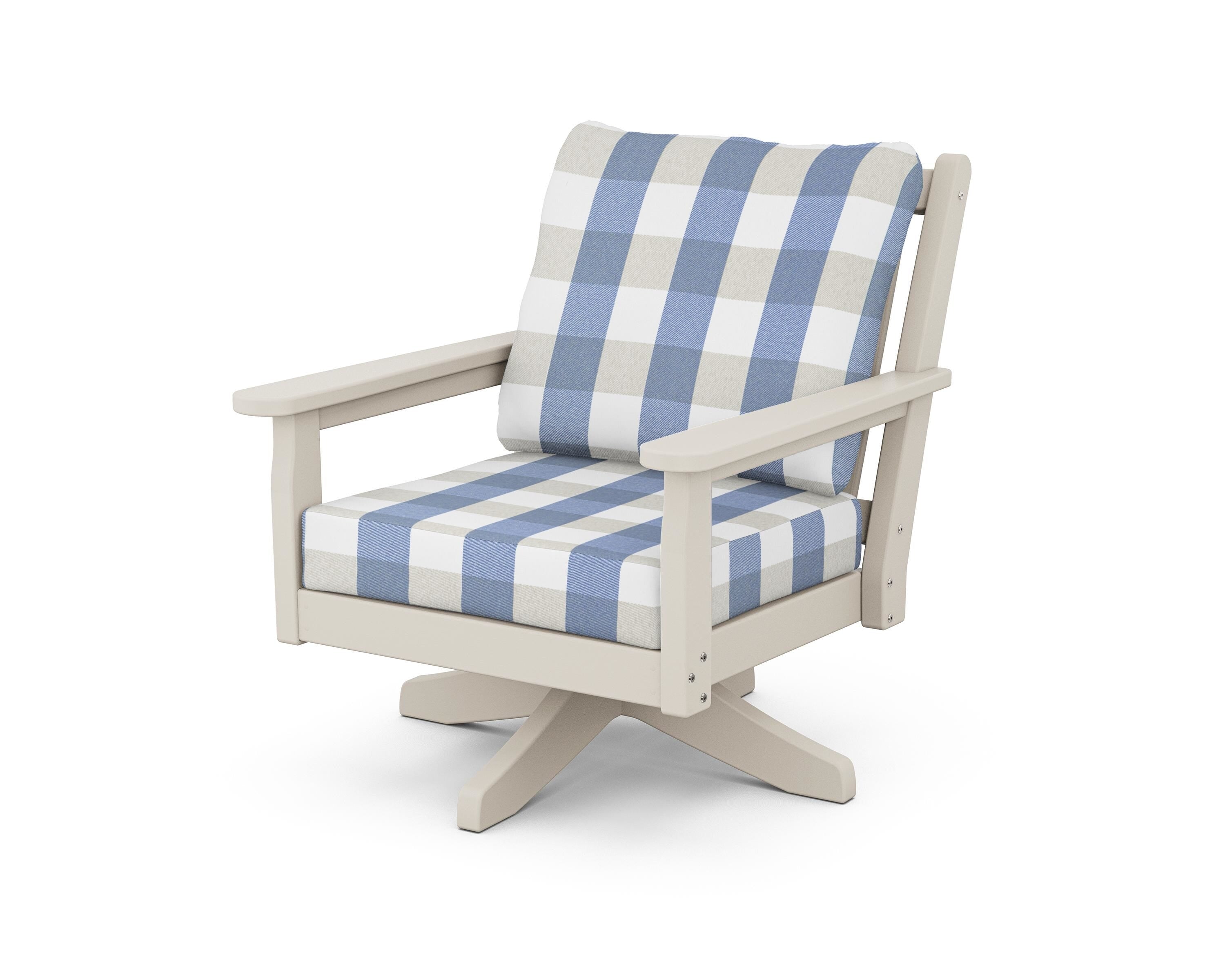 POLYWOOD® Chippendale Deep Seating Swivel Chair in Sand / Buffalo Plaid Sky Blue