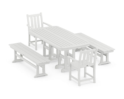 POLYWOOD® Traditional Garden 5-Piece Dining Set with Benches in White