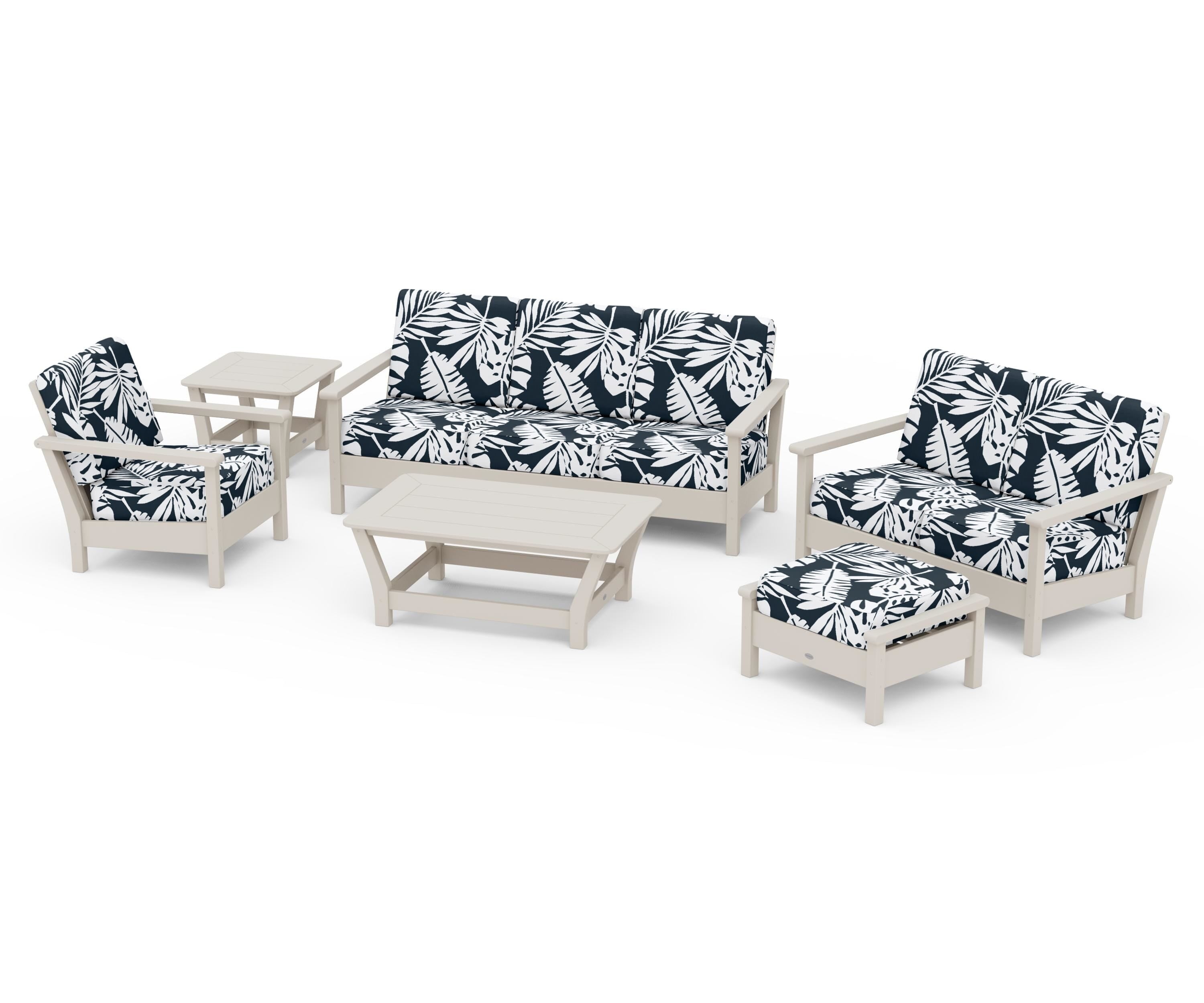 POLYWOOD® Harbour 6-Piece Outdoor Living Set in Sand / Leaf Marine Indigo