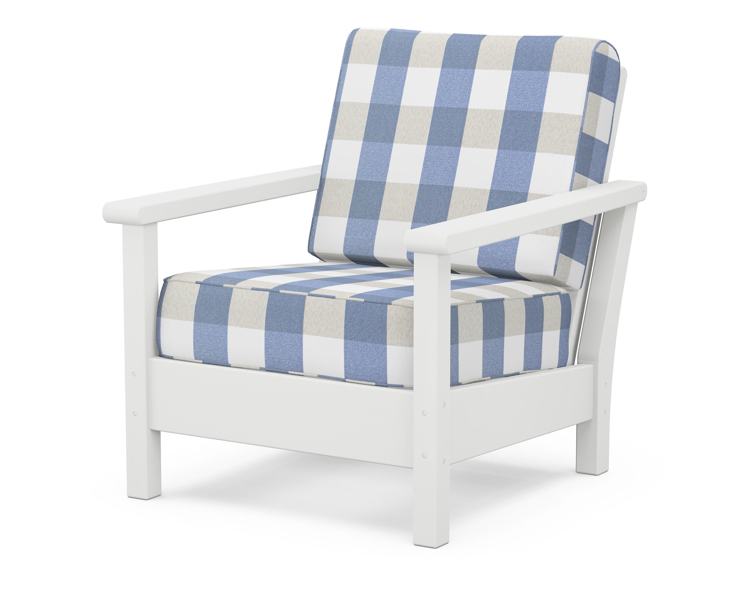 POLYWOOD® Harbour Deep Seating Chair in White / Buffalo Plaid Sky Blue