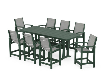 POLYWOOD® Coastal 9-Piece Farmhouse Counter Set with Trestle Legs in Green / Metallic Sling