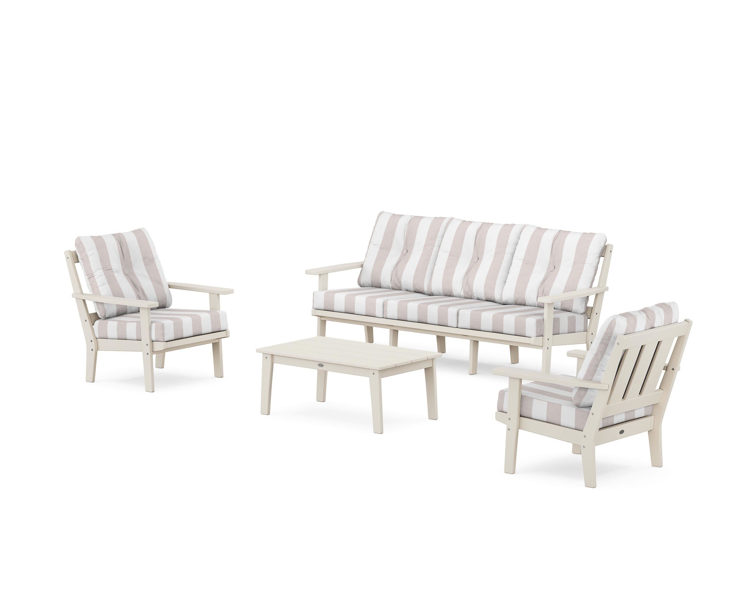 POLYWOOD® Oxford 4-Piece Deep Seating Set with Sofa in Sand / Cabana Stripe Dune Burlap