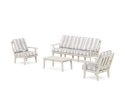 POLYWOOD® Oxford 4-Piece Deep Seating Set with Sofa in Sand / Cabana Stripe Dune Burlap