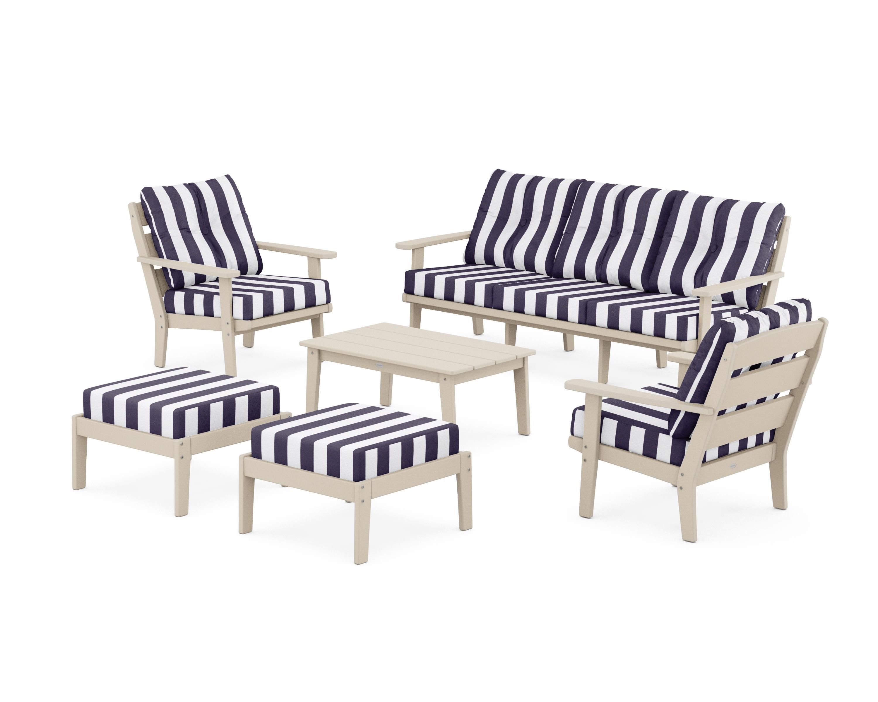 POLYWOOD® Lakeside 6-Piece Lounge Sofa Set in Sand / Cabana Stripe Navy