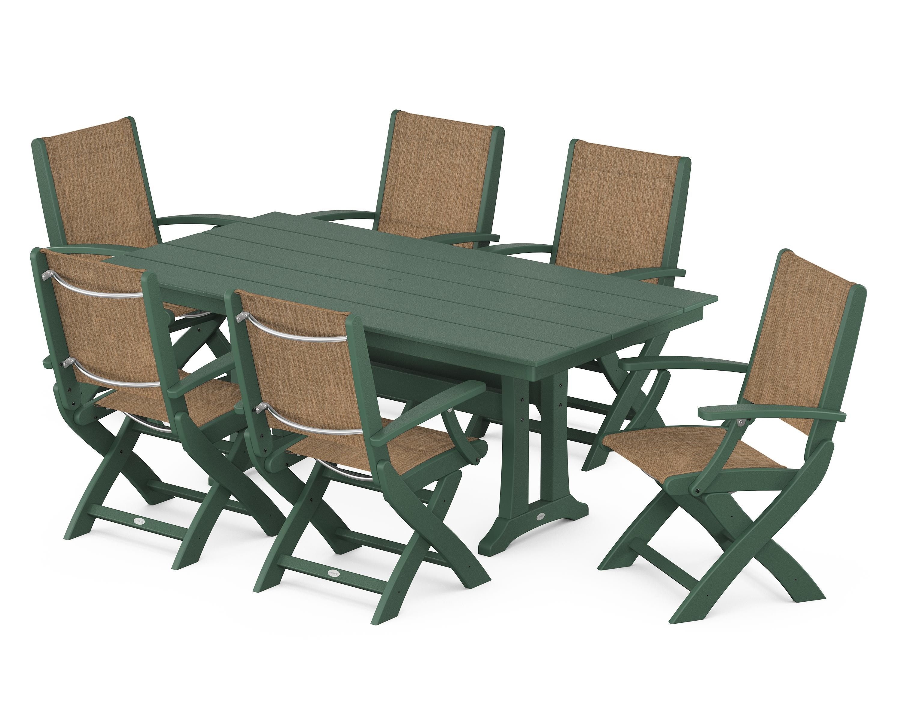 POLYWOOD® Coastal Folding Arm Chair 7-Piece Farmhouse Dining Set with Trestle Legs in Green / Burlap Sling
