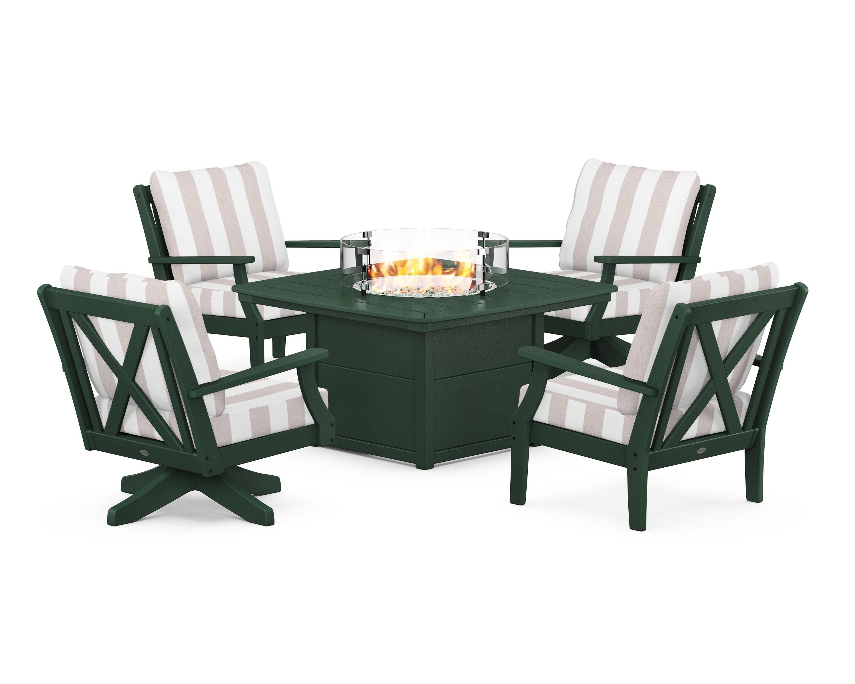 POLYWOOD® Braxton 5-Piece Deep Seating Set with Fire Table in Green / Cabana Stripe Dune Burlap