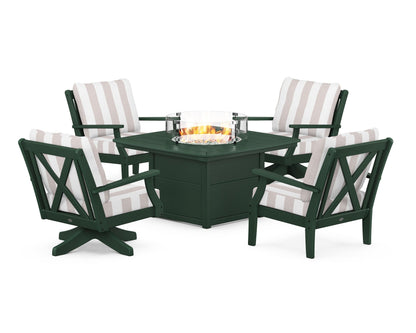 POLYWOOD® Braxton 5-Piece Deep Seating Set with Fire Table in Green / Cabana Stripe Dune Burlap